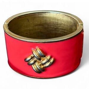 Vintage Chunky Coral Enamel and Gold 1.5" Wide Bracelet With Knot Design
